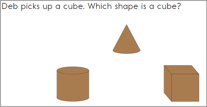 This image contains the following item: Deb picks a cube. Which shape is a cube? The response options are three shapes: a cylinder, a cone, and a cube.